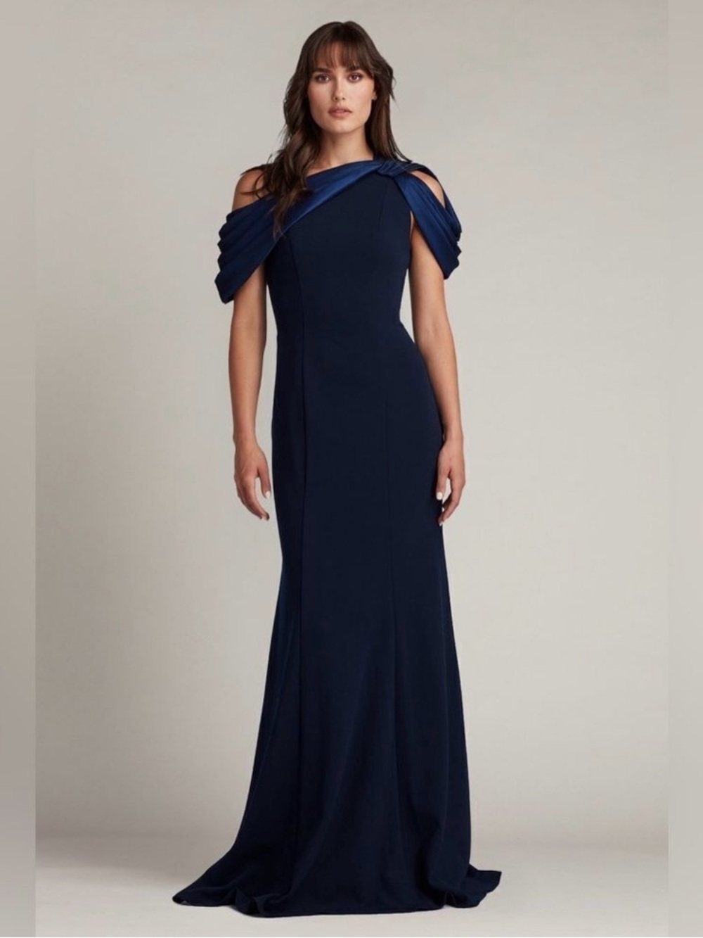 Tadashi Shoji Navy One-Shoulder Draped Evening Gown